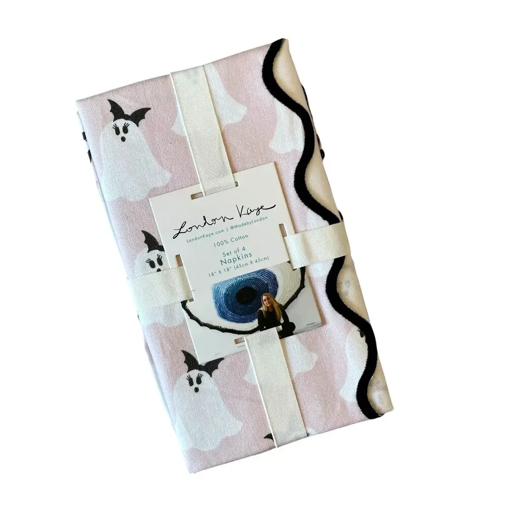 London Kaye Halloween Cotton Napkins 18x18 Set of 4 Pink Pretty Ghosts New